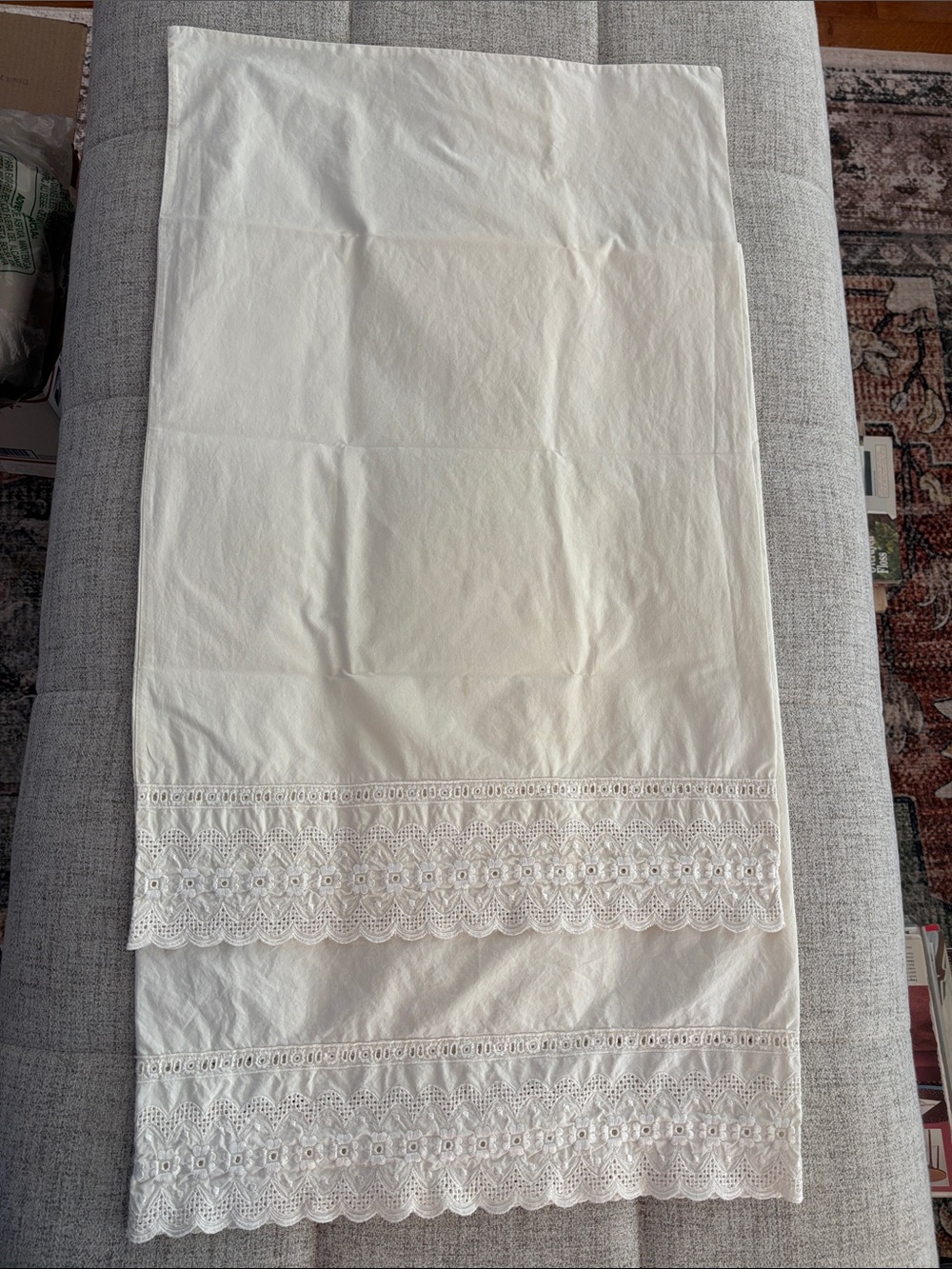 Vintage Pillow cases- Pair of Lace-Trimmed Cream colored pillow cases, Standard